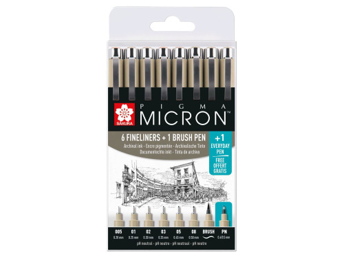 Pigma Micron Fineliners Set - Sakura - black, 7 + 1 pc.