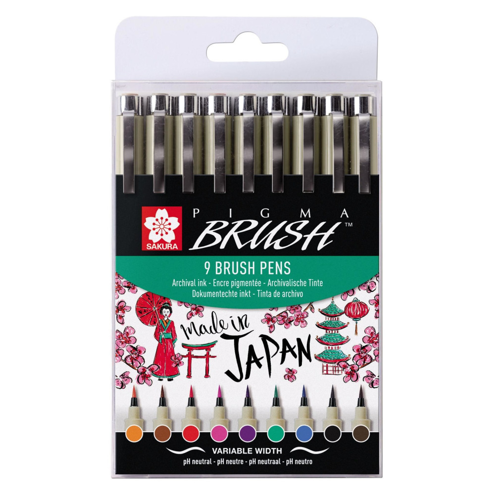 Zestaw pisaków pędzelkowych Pigma Brush - Sakura - 9 kolorów
