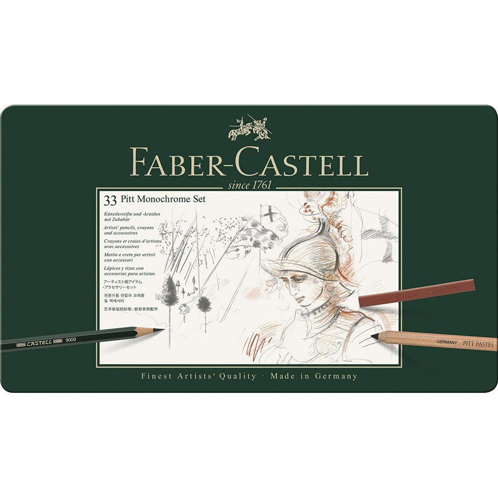Zestaw rysunkowy Pitt Monochrome w kasecie metalowej - Faber-Castell - 33 szt.