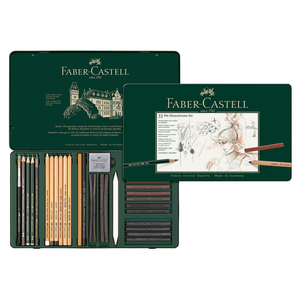 Zestaw rysunkowy Pitt Monochrome w kasecie metalowej - Faber-Castell - 33 szt.