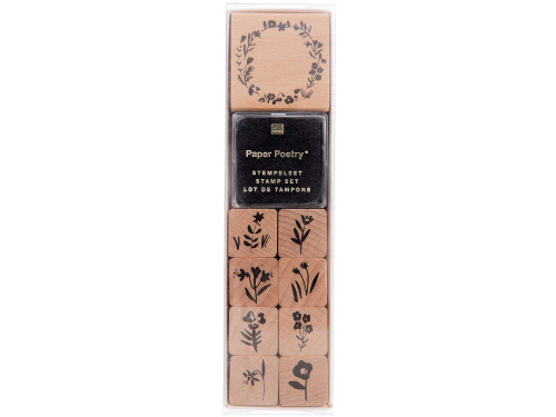 Wooden stamp set - Paper Poetry - Flora Wreath, 9 pcs.