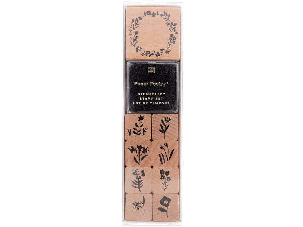 Wooden stamp set - Paper Poetry - Flora Wreath, 9 pcs.