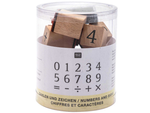 Zestaw drewnianych stempli - Rico Design - numery i znaki, 15 szt.