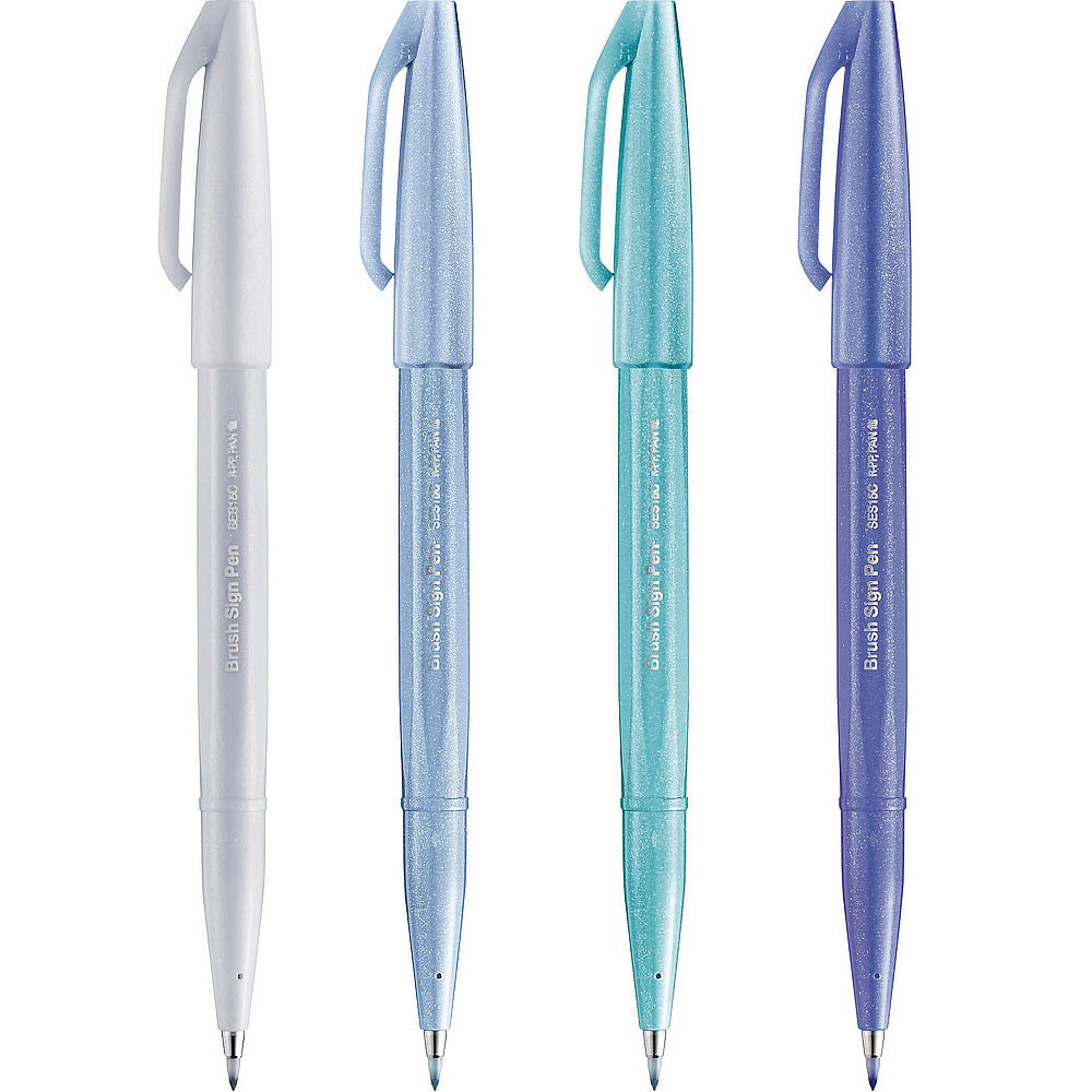Zestaw pisaków artystycznych Brush Sign Pen - Pentel - Niebieskie migdały, 4 szt.
