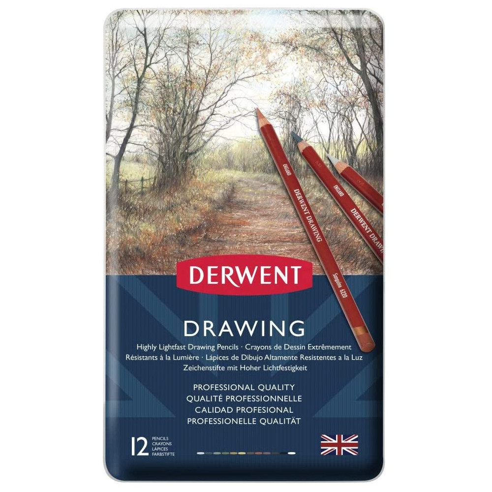 Zestaw kredek Drawing w metalowej kasecie - Derwent - 12 kolorów