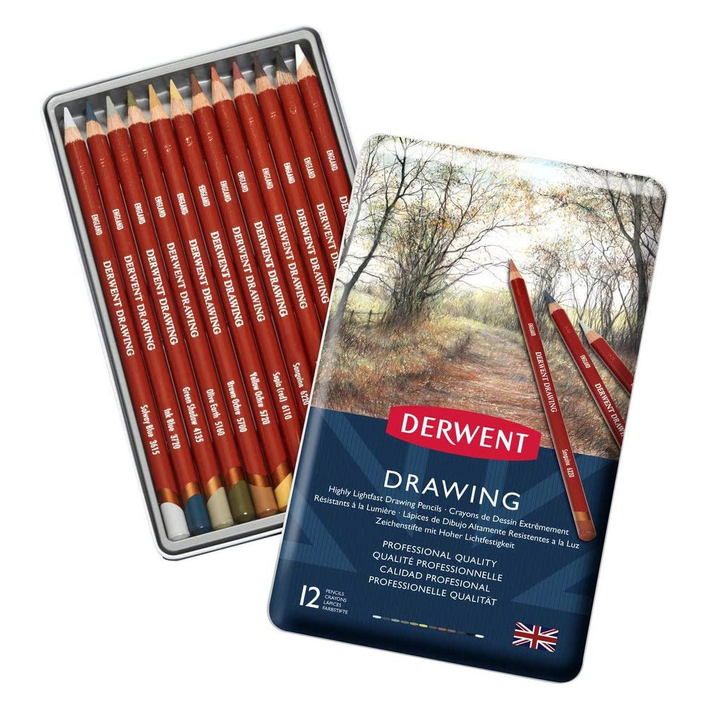 Zestaw kredek Drawing w metalowej kasecie - Derwent - 12 kolorów
