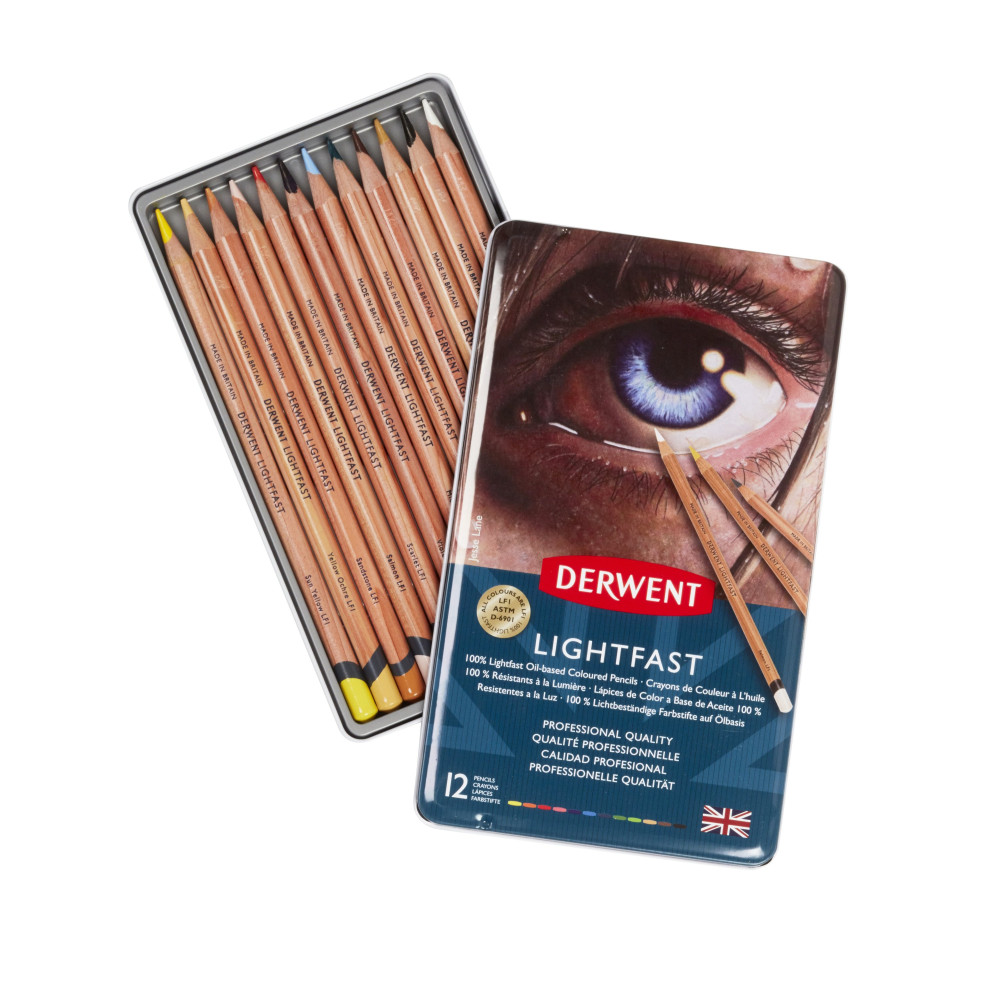 Set of Lightfast colored pencils in metal tin - Derwent - 12 colors