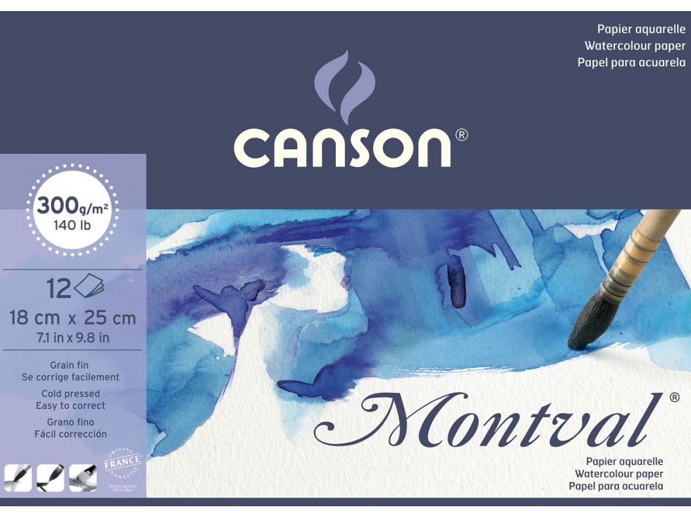 Watercolor drawing pad Montval 18 x 25 cm - Canson - cold press, 300 g, 12 sheets