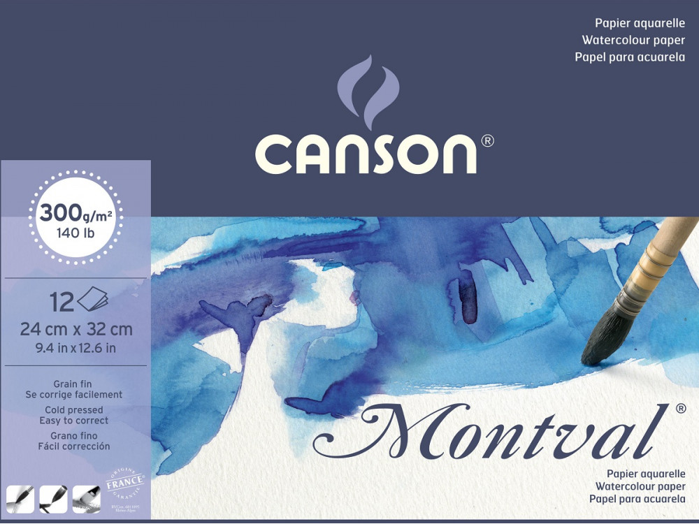 Watercolor drawing pad Montval 24 x 32 cm - Canson - cold press, 300 g, 12 sheets.