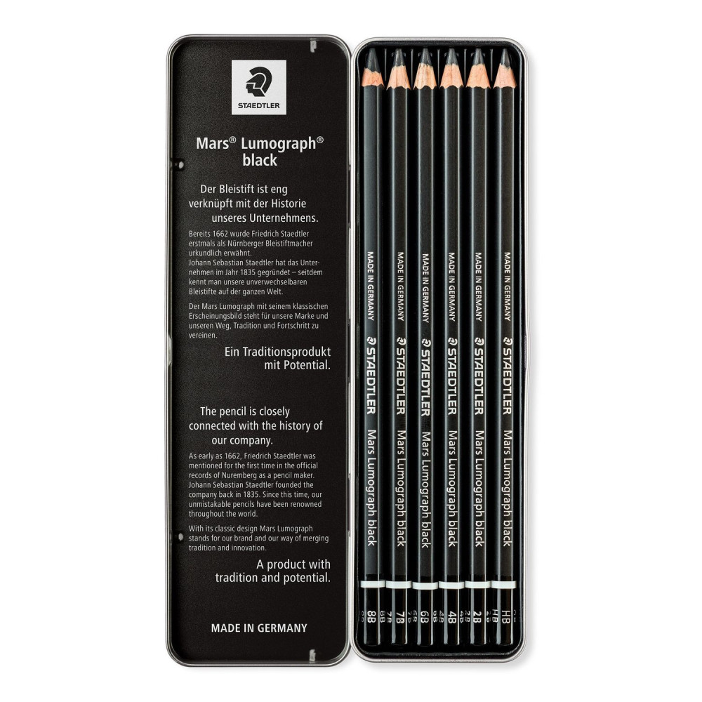 Set of Mars Lumograph Black graphite drawing pencils in metal case - Staedtler - 6 pcs.