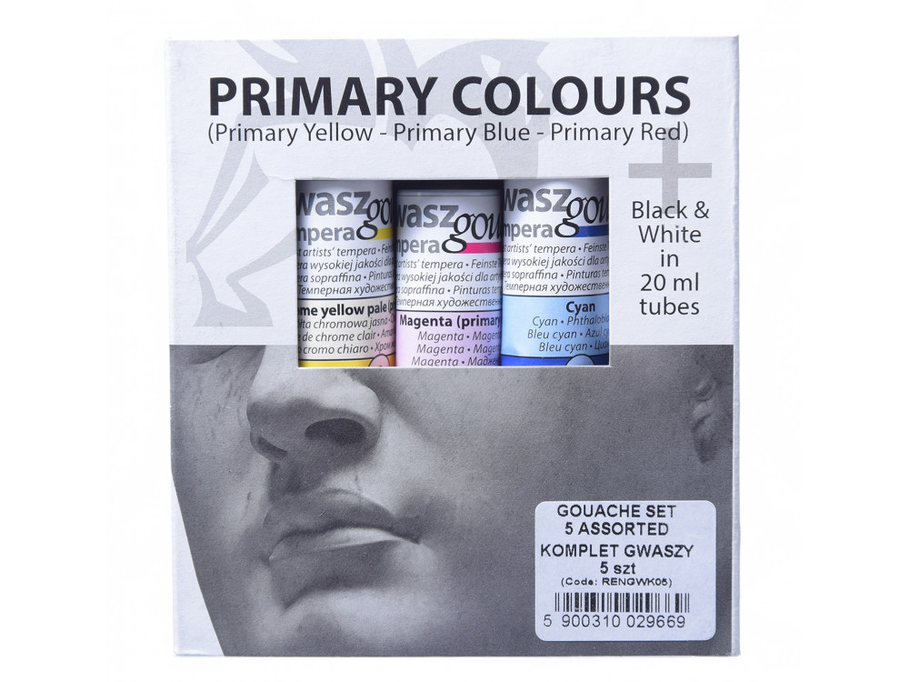 Set of gouache paint in tubes - Renesans - primary colors, 5 pcs.