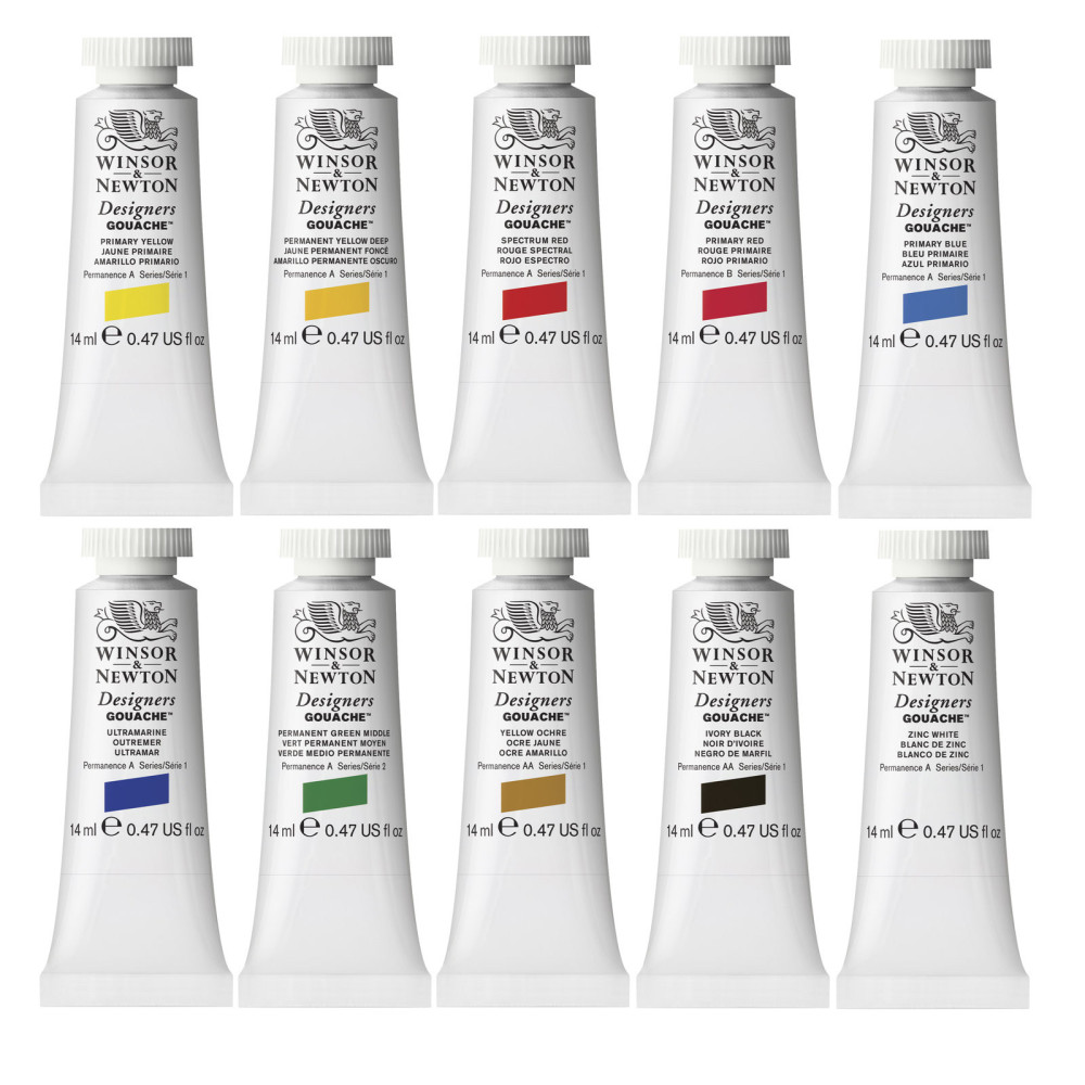 Set of Gouache paints in tubes - Winsor & Newton - 10 colors x 14 ml