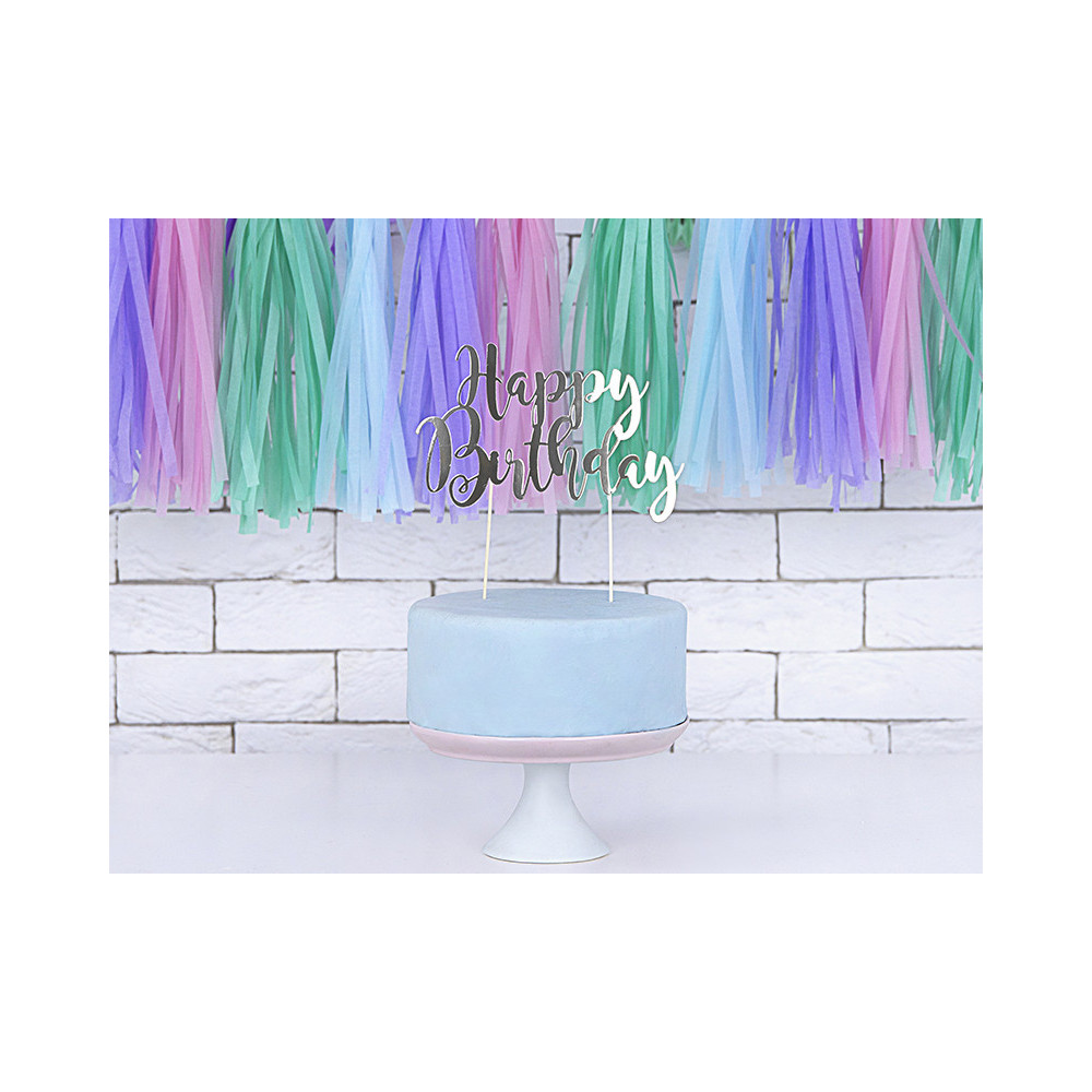 Topper na tort Happy Birthday - srebrny, 22,5 cm