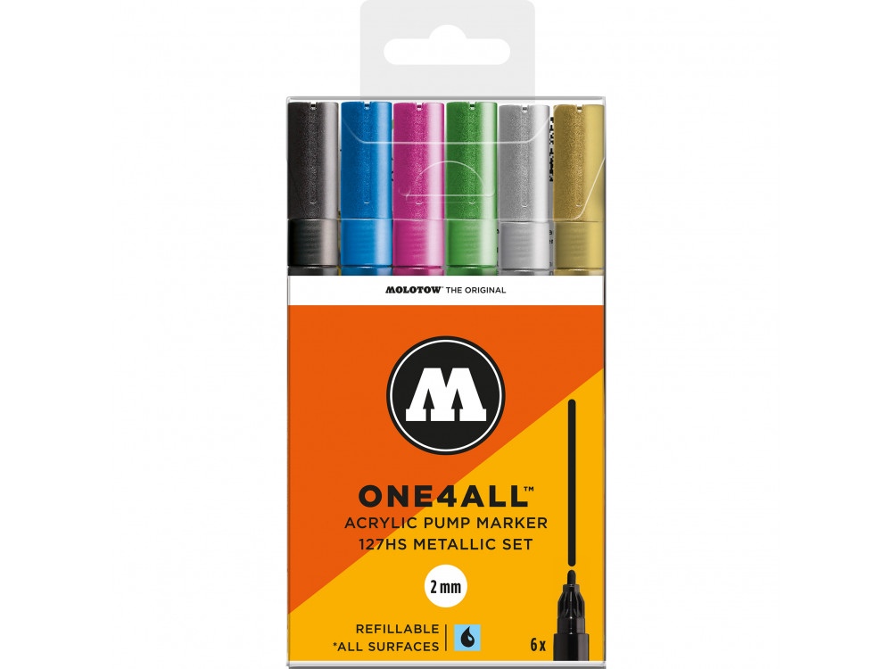 Set of One4All acrylic markers - Molotow - Metallic, 2 mm, 6 pcs.