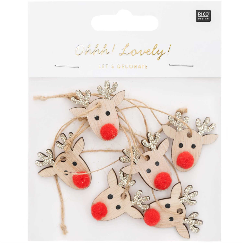 Wooden Christmas pendants Reindeers - Rico Design - gold, 6 pcs.
