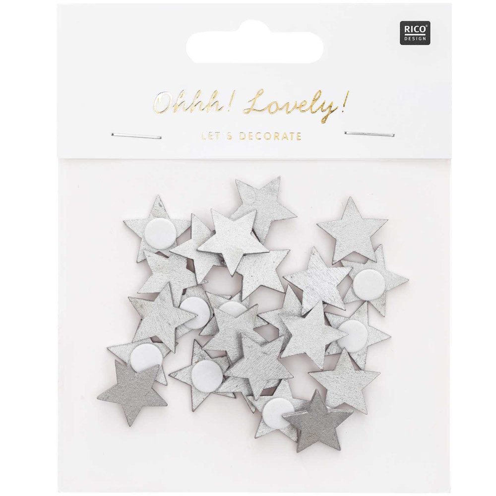 Wooden Star stickers - Rico Design - silver, 2 cm, 24 pcs.