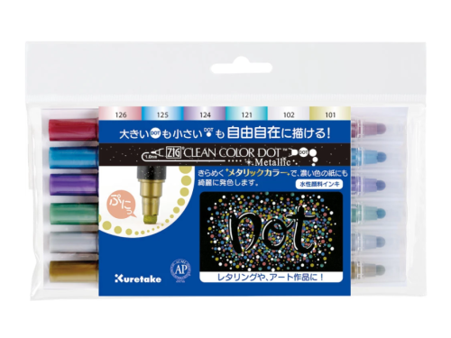 Zestaw dwustronnych pisaków Zig Clean Color Dot - Kuretake - metaliczne, 6 szt.