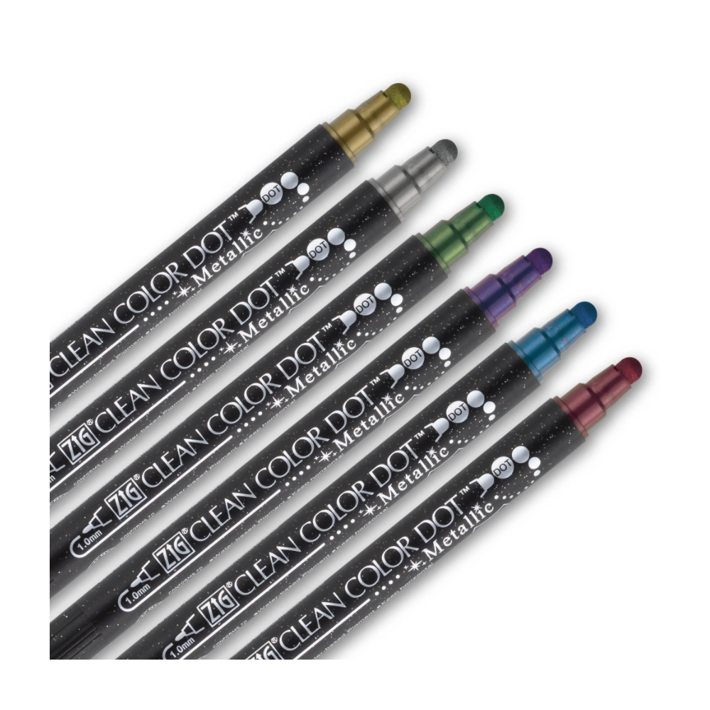 Zestaw dwustronnych pisaków Zig Clean Color Dot - Kuretake - metaliczne, 6 szt.